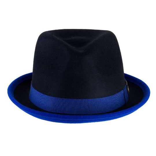 Cappello Trilby Michael color Blu, in feltro di lana merinos da uomo bicolore, foto con orientamento frontale - Primario Nesti