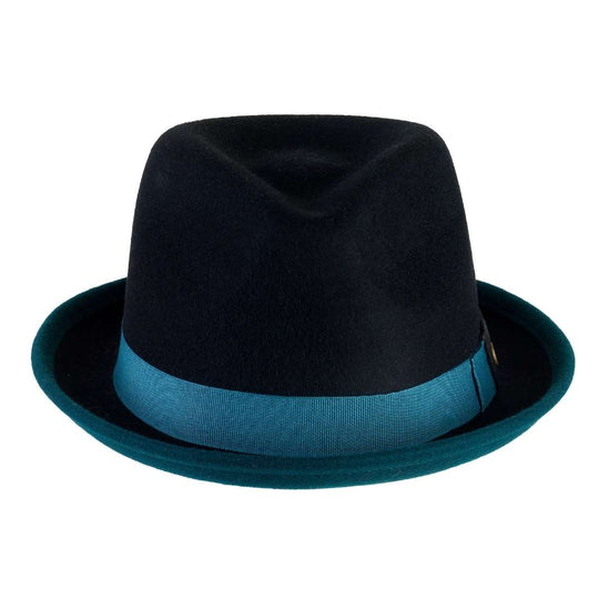 Cappello Trilby Michael color Petrolio, in feltro di lana merinos da uomo bicolore, foto con orientamento frontale - Primario Nesti