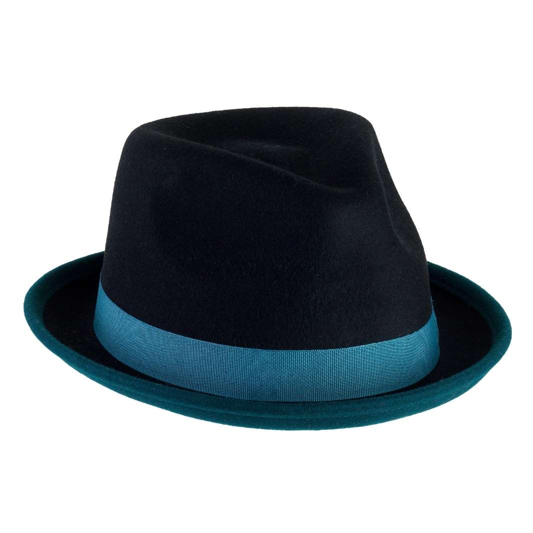 Cappello Trilby Michael color Petrolio, in feltro di lana merinos da uomo bicolore, foto con orientamento laterale - Primario Nesti