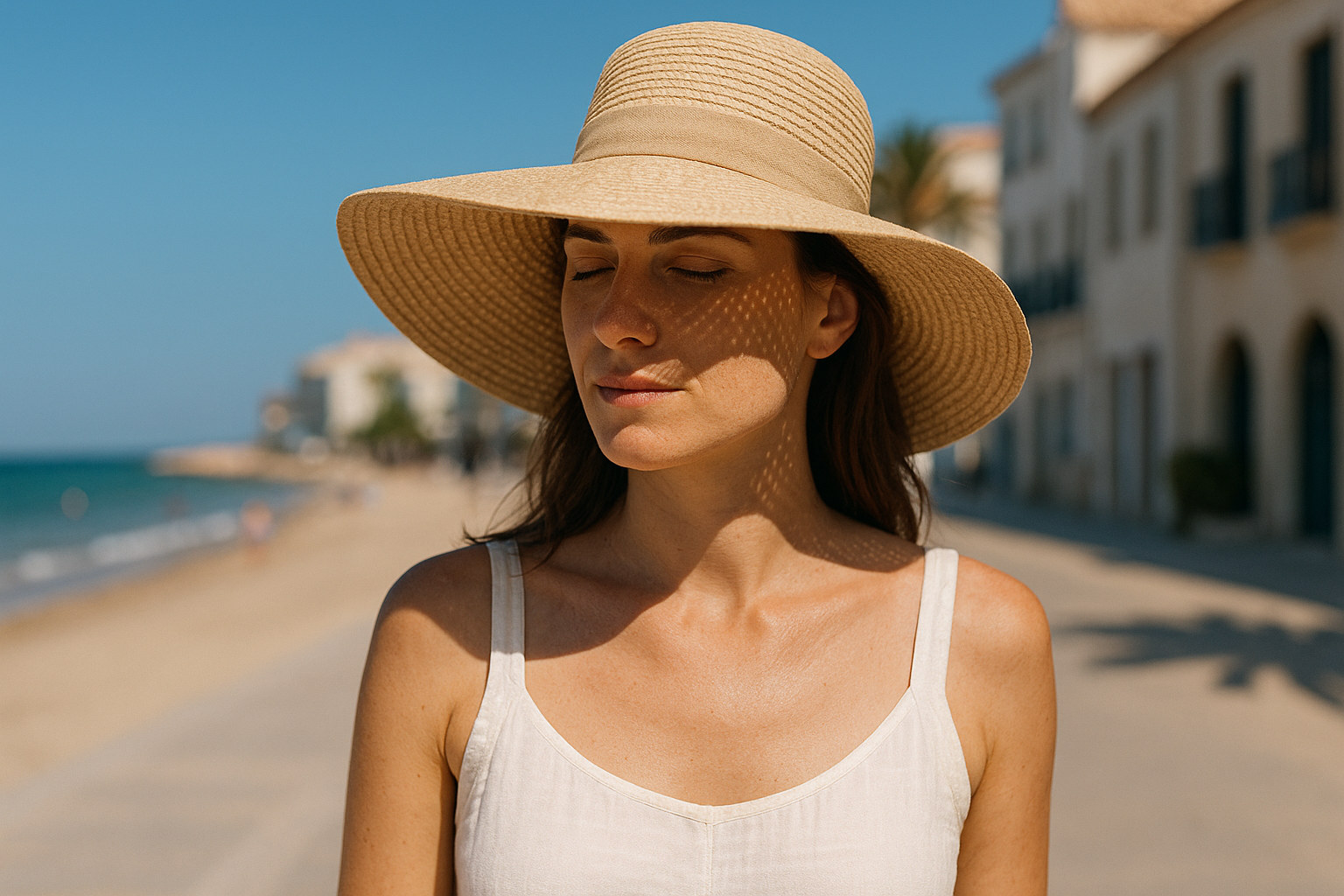 Donna cappello tesa larga protezione solare raggi UV estate