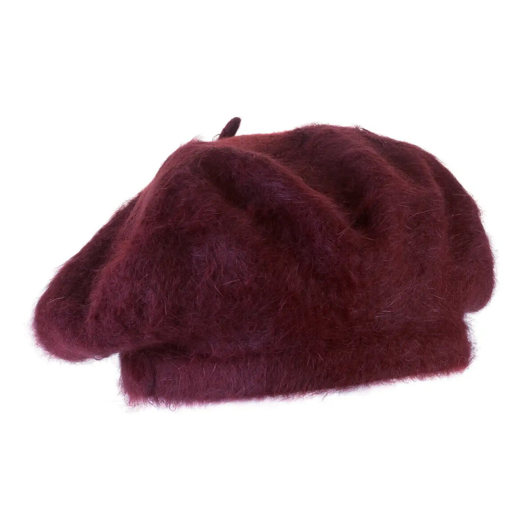 basco parigino in angora e lapin con ricamo floreale da donna color bordeaux rubino foto con vista laterale a sinistra