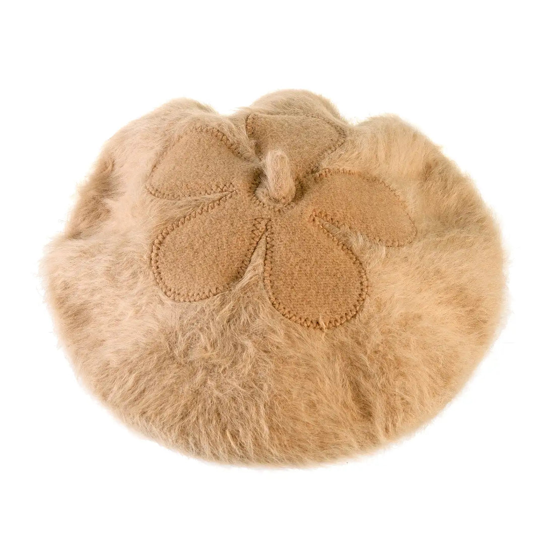 basco parigino in angora e lapin con ricamo floreale da donna color cammello chiaro foto con vista di profilo