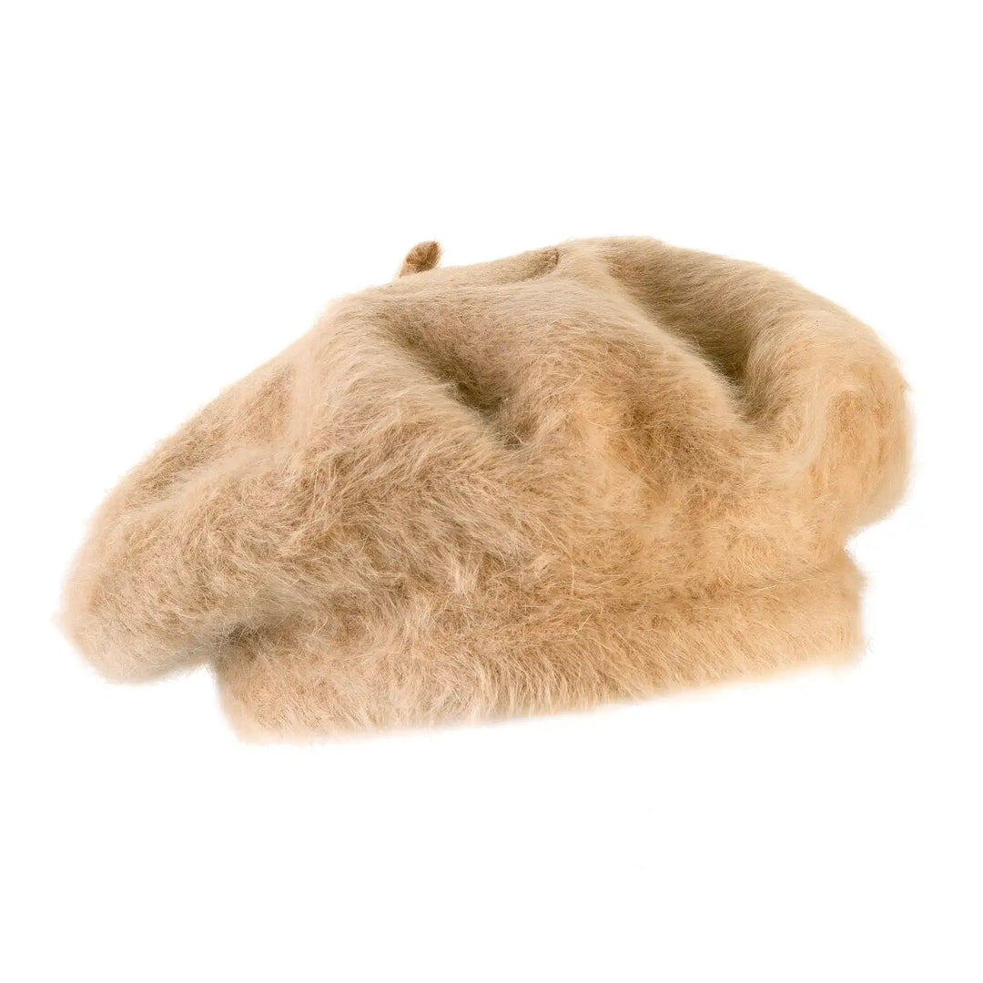 basco parigino in angora e lapin con ricamo floreale da donna color cammello chiaro foto con vista laterale a sinistra