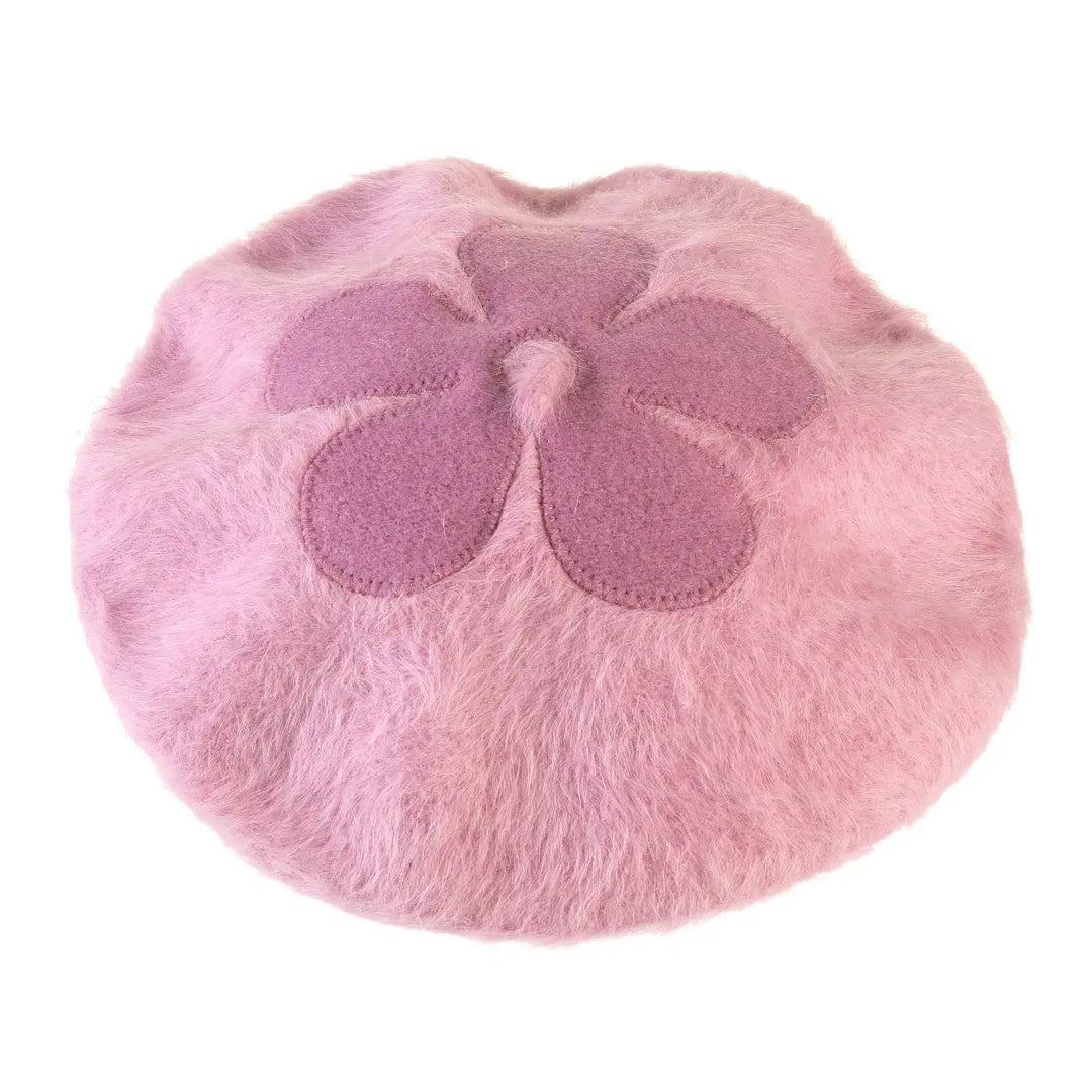 basco parigino in angora e lapin con ricamo floreale da donna color rosa cipria foto con vista di profilo