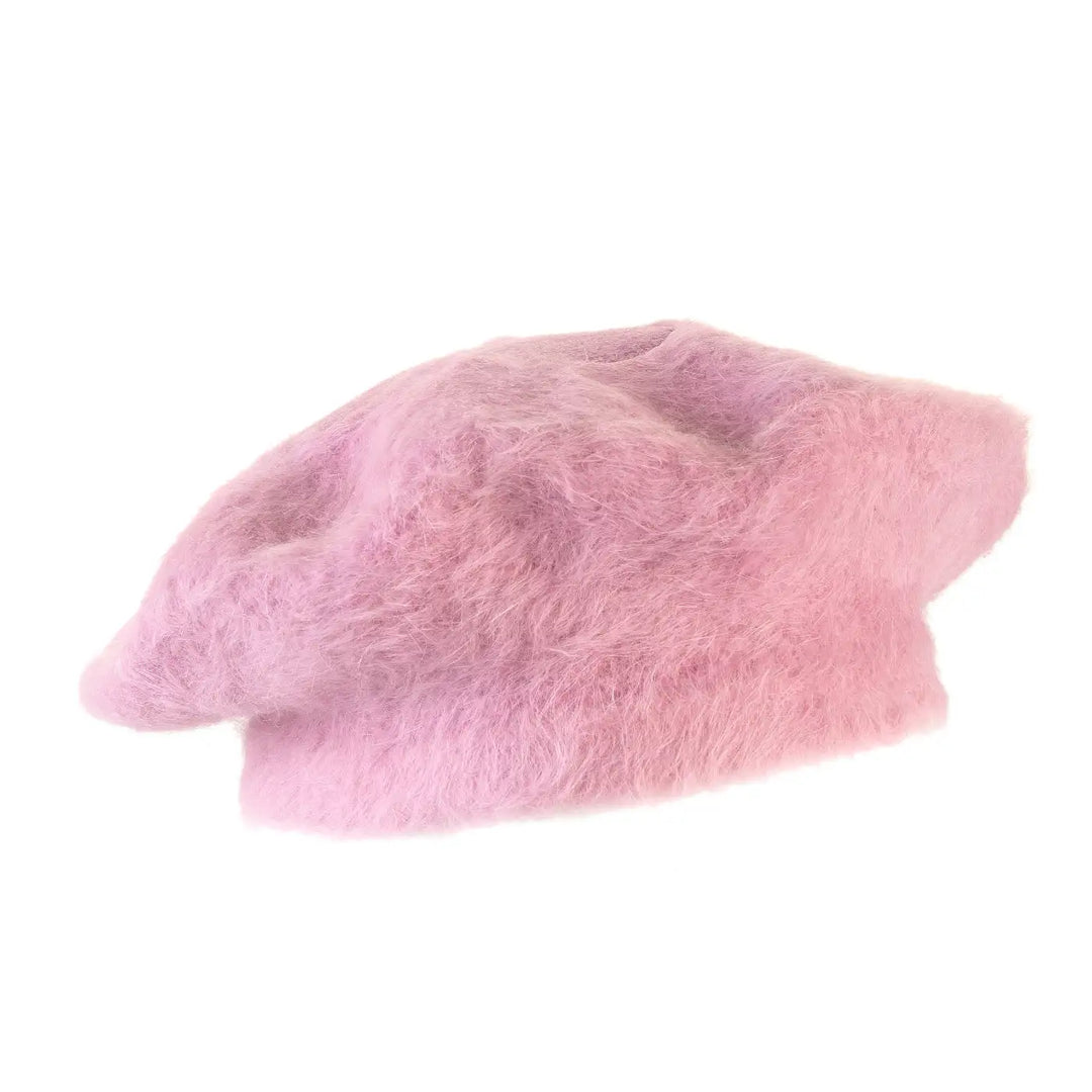 basco parigino in angora e lapin con ricamo floreale da donna color rosa cipria foto con vista laterale a sinistra