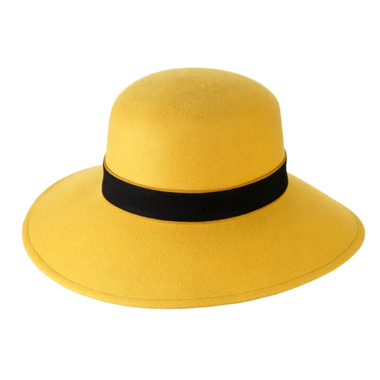 cappello a cloche signorile a tesa larga in lana merinos da donna color giallo ocra foto con vista inclinata destra 1 primario nesti