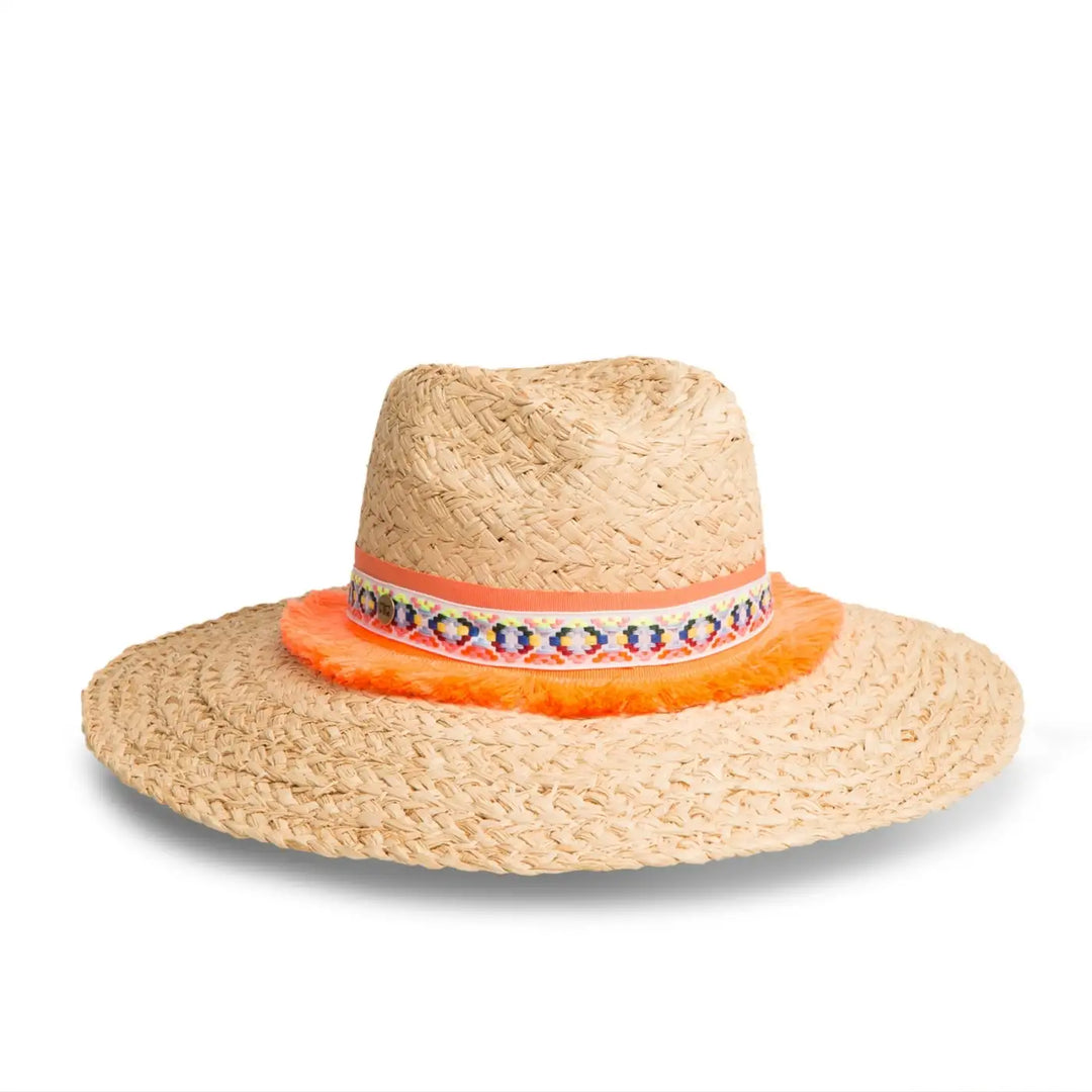 cappello da mare a tesa larga in rafia da donna foto con vista inclinata color paglia fastasia arancio primario nesti