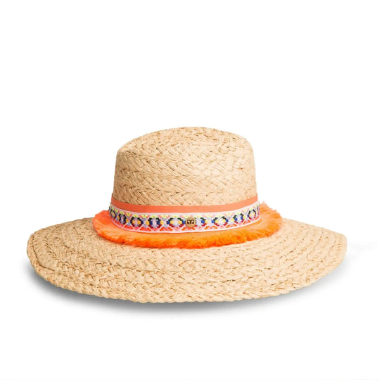 cappello da mare a tesa larga in rafia da donna foto con vista laterale color paglia fantasia arancio primario nesti