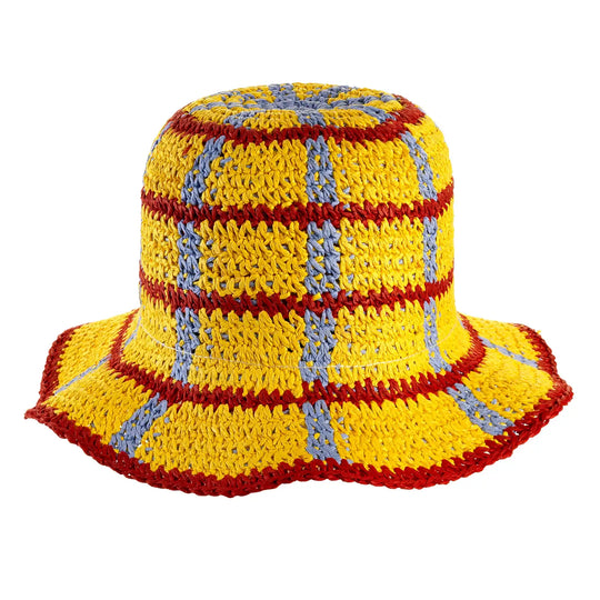 cappello da spiaggia a cloche uncinetto da donna foto con vista frontale color giallo rosso celeste primario nesti