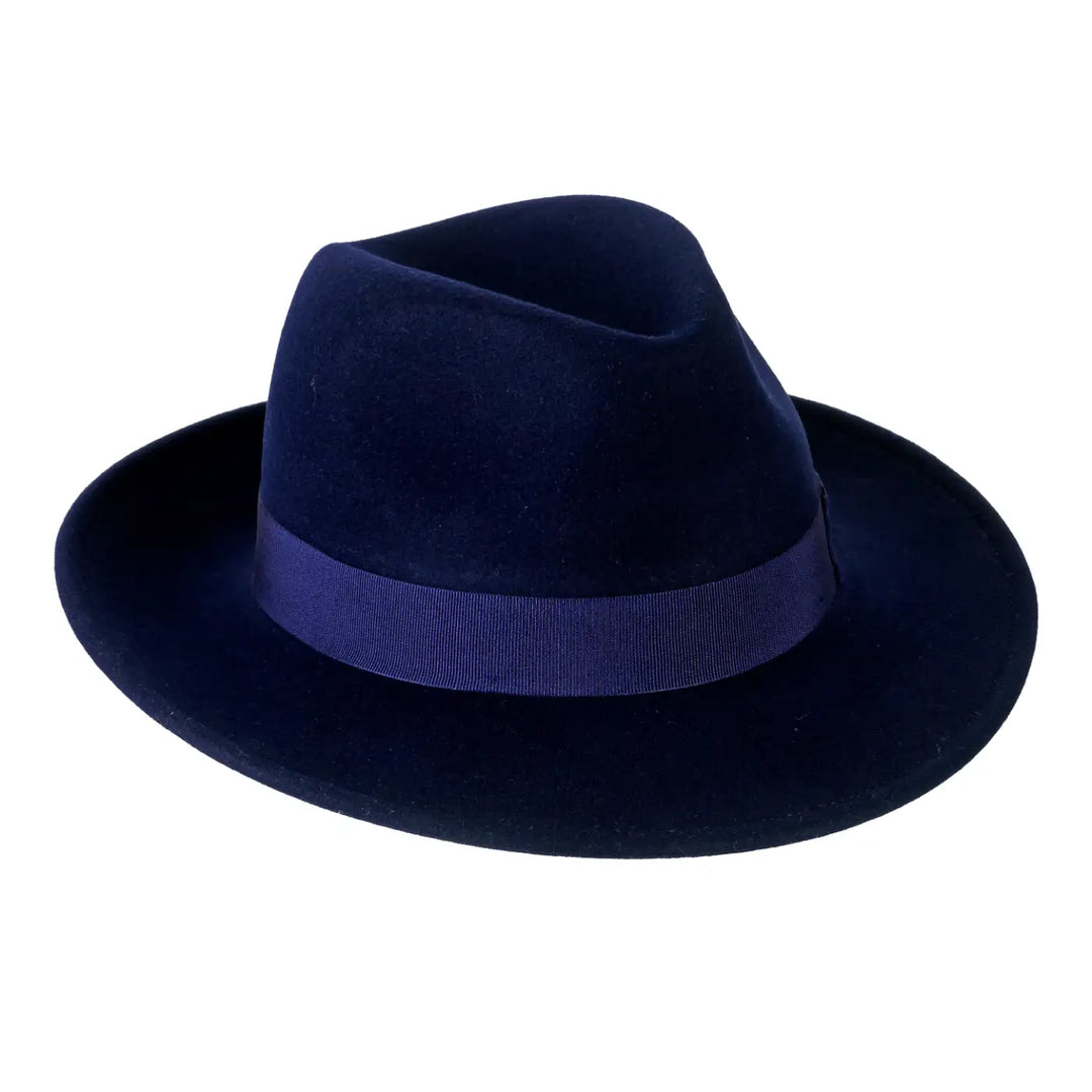 cappello fedora in feltro di cashmere antipioggia da uomo color blu zaffiro foto con vista inclinata destra 1 primario nesti