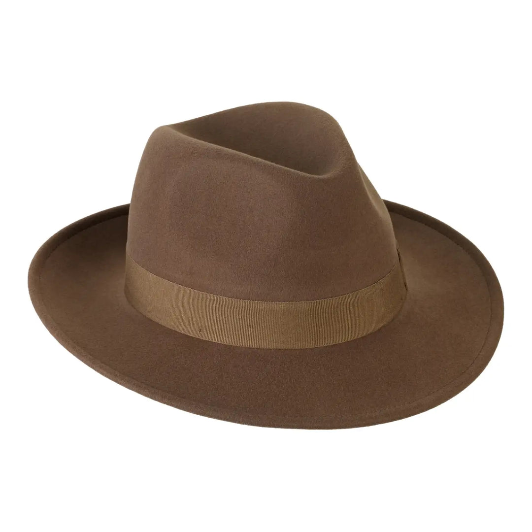 cappello fedora in feltro di cashmere antipioggia da uomo color camoscio dorato foto con vista inclinata destra primario nesti