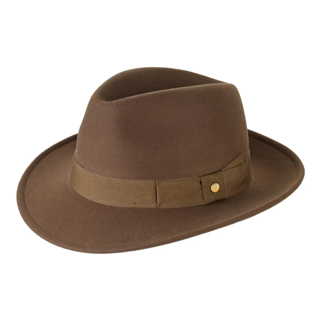 cappello fedora in feltro di cashmere antipioggia da uomo color camoscio dorato foto con vista inclinata sinistra 1 primario nesti