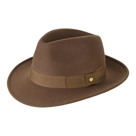 cappello fedora in feltro di cashmere antipioggia da uomo color camoscio dorato foto con vista inclinata sinistra 1 primario nesti