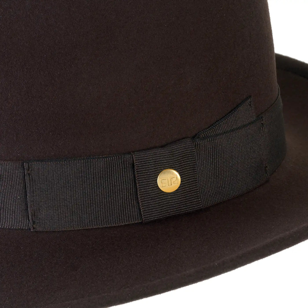 cappello fedora in feltro di cashmere antipioggia da uomo color marrone antico foto con vista dettaglio ravvicinato primario nesti