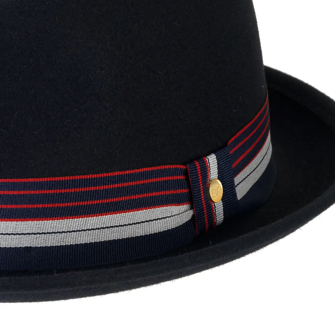 cappello lobbia homburg in feltro raso di lapin con fodera da uomo color blu elegante foto con vista dettaglio ravvicinato primario nesti