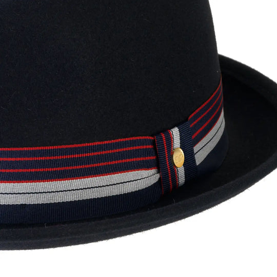 cappello lobbia homburg in feltro raso di lapin con fodera da uomo color blu elegante foto con vista dettaglio ravvicinato primario nesti