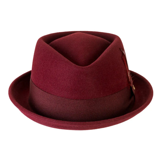 cappello pork pie in feltro raso di lapin con fodera da uomo color bordeaux reale foto con vista frontale 1 primario nesti