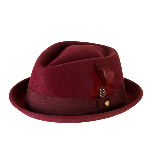 cappello pork pie in feltro raso di lapin con fodera da uomo color bordeaux reale foto con vista inclinata sinistra 1 primario nesti