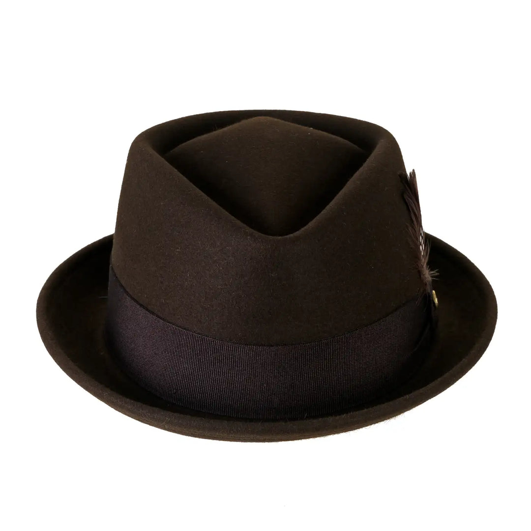 cappello pork pie in feltro raso di lapin con fodera da uomo color moro reale foto con vista frontale 1 primario nesti