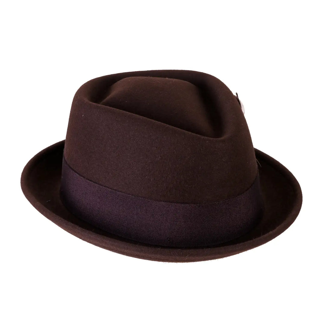 cappello pork pie in feltro raso di lapin con fodera da uomo color moro reale foto con vista inclinata destra primario nesti