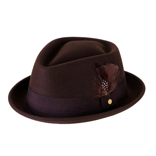 cappello pork pie in feltro raso di lapin con fodera da uomo color moro reale foto con vista inclinata sinistra primario nesti