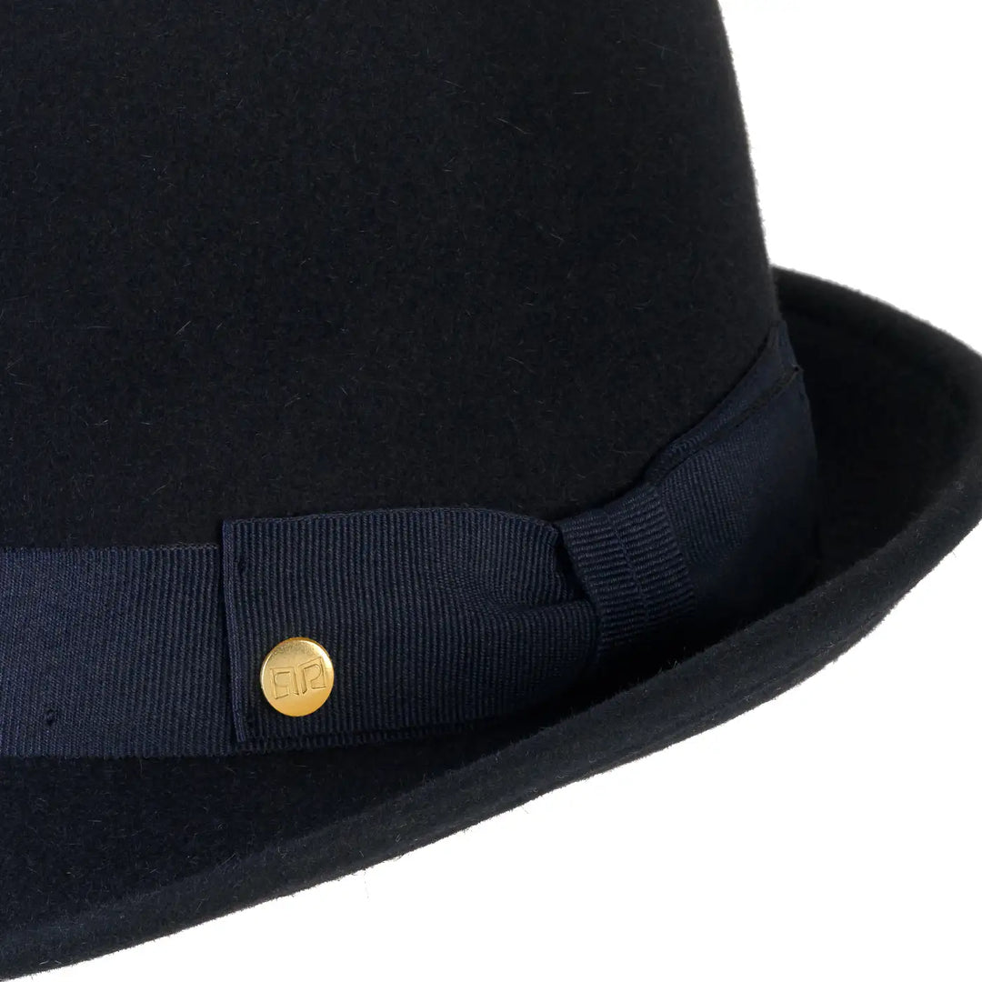 cappello trilby classico in feltro raso di lapin con fodera da uomo color blu vellutato foto con vista dettaglio ravvicinato primario nesti