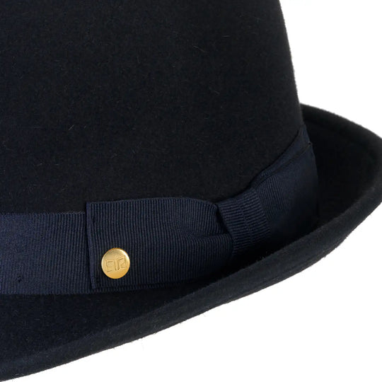 cappello trilby classico in feltro raso di lapin con fodera da uomo color blu vellutato foto con vista dettaglio ravvicinato primario nesti