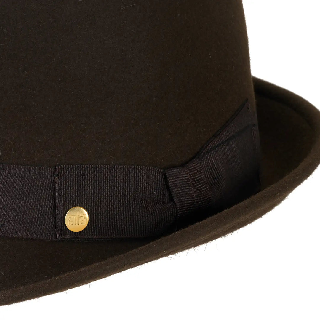 cappello trilby classico in feltro raso di lapin con fodera da uomo color moro vellutato foto con vista dettaglio ravvicinato primario nesti