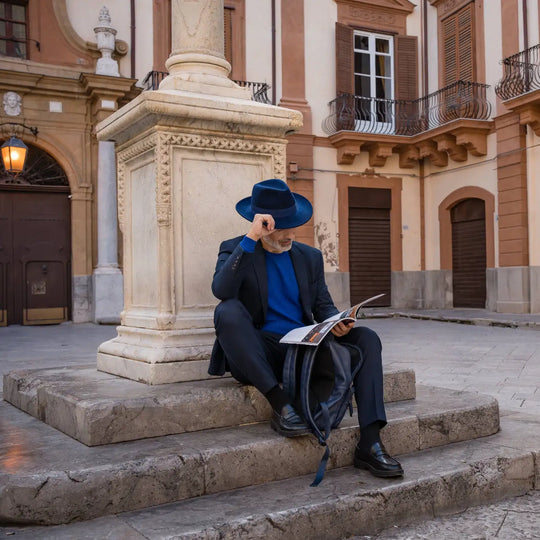 modello adulto con cappello fedora in feltro di morbido cashmere primario nesti blu immerso nella sua lettura rilassata in una corte storica