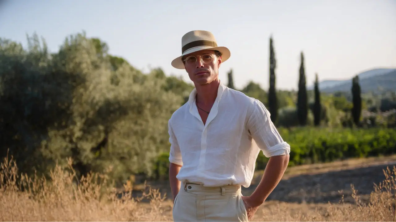 Uomo elegante viso rotondo indossa Fedora paglia estate outfit