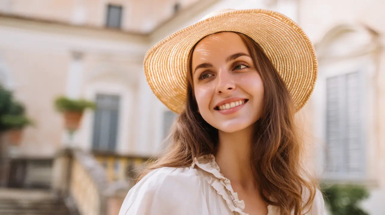Donna sorridente viso rotondo cappello estivo paglia elegante
