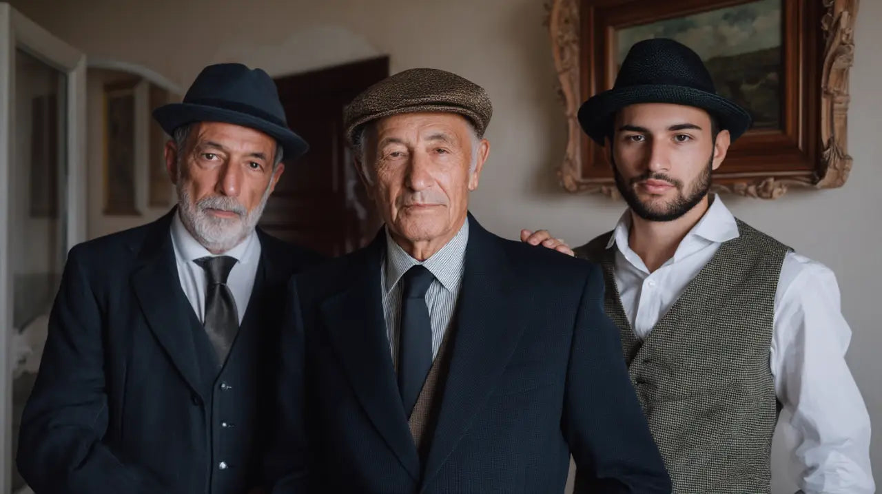 Tre generazioni uomini italiani cappelli eleganti tradizione